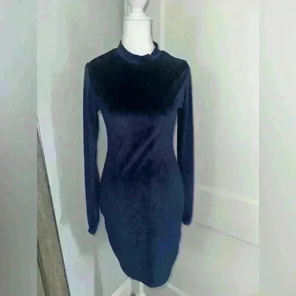 Velvet Ribbed Blue Dress - Picture 1 of 4